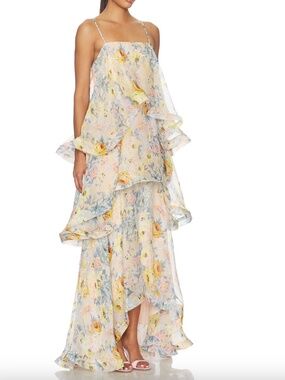 Elliatt Armani Maxi Dress Yellow Floral Tiered Flounce Gown - SMALL